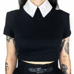 Deandri Crop Top Blouse White Collar Black L